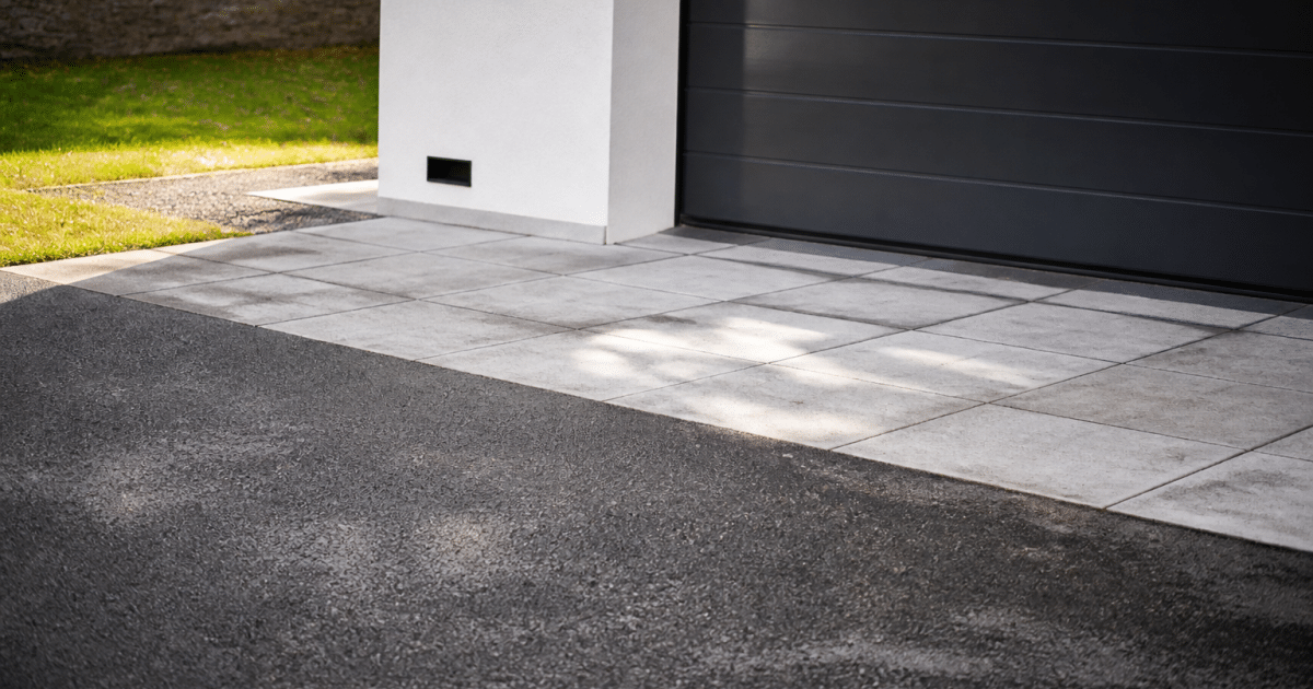 Allee bitumee et dalles carrelees disposees devant entree garage
