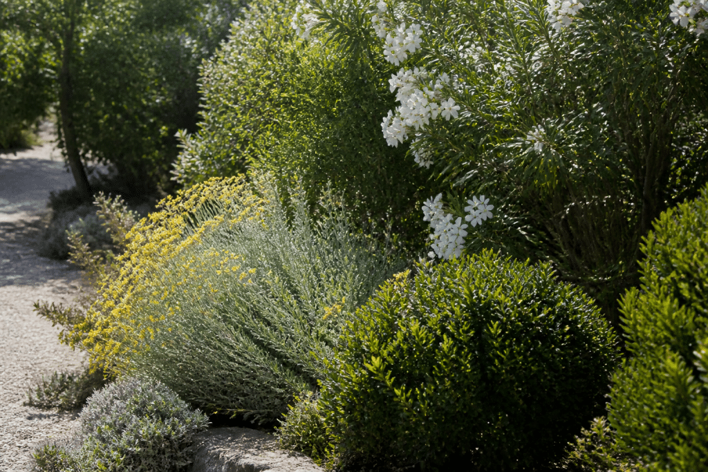 Arbustes rustiques au soleil dans jardin tempéré