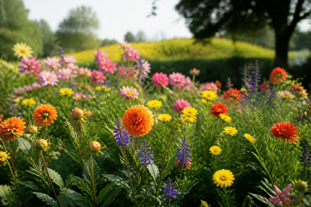 Massif de fleurs colorees s'epanouissant sous le soleil