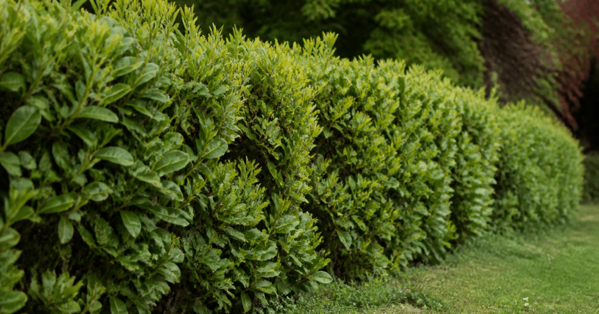 Rangee d'arbustes denses alignes formant une barriere vegetale compacte