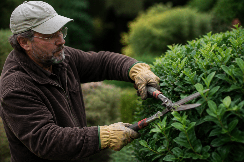 Jardinier taillant arbustes verts avec sécateur professionnel