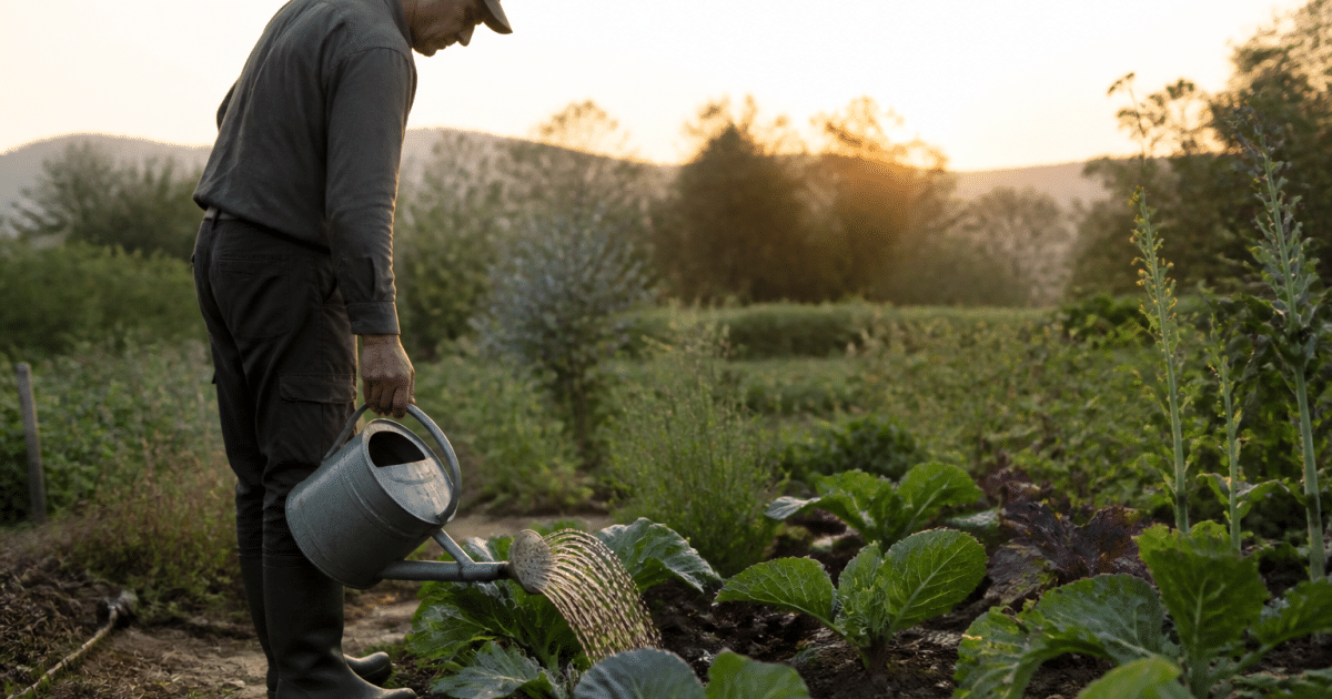 Jardinier versant eau sur plants lever soleil matinal