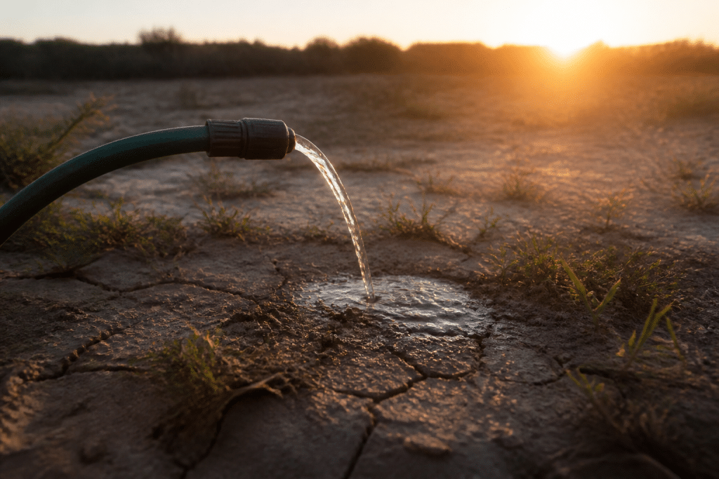 Tuyau d'arrosage versant eau sur sol sec au coucher soleil