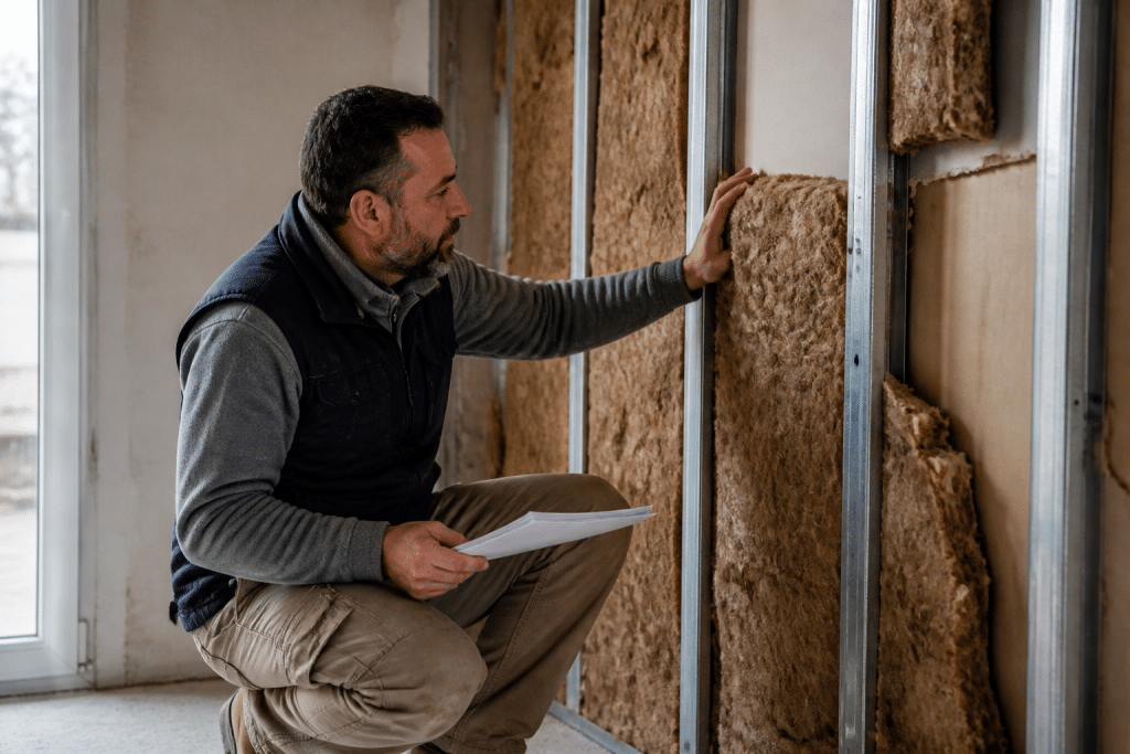 Artisan qualifié inspectant isolation murale avec documents administratifs