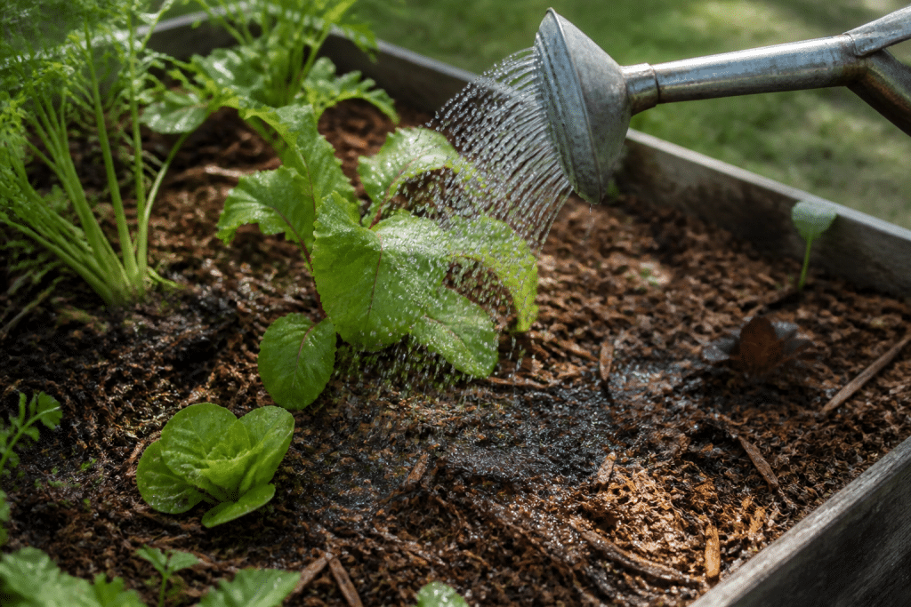 Carre potager arrose avec paillage marron en surface