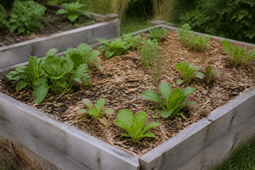 Carre potager expose au soleil avec terre riche et paillis