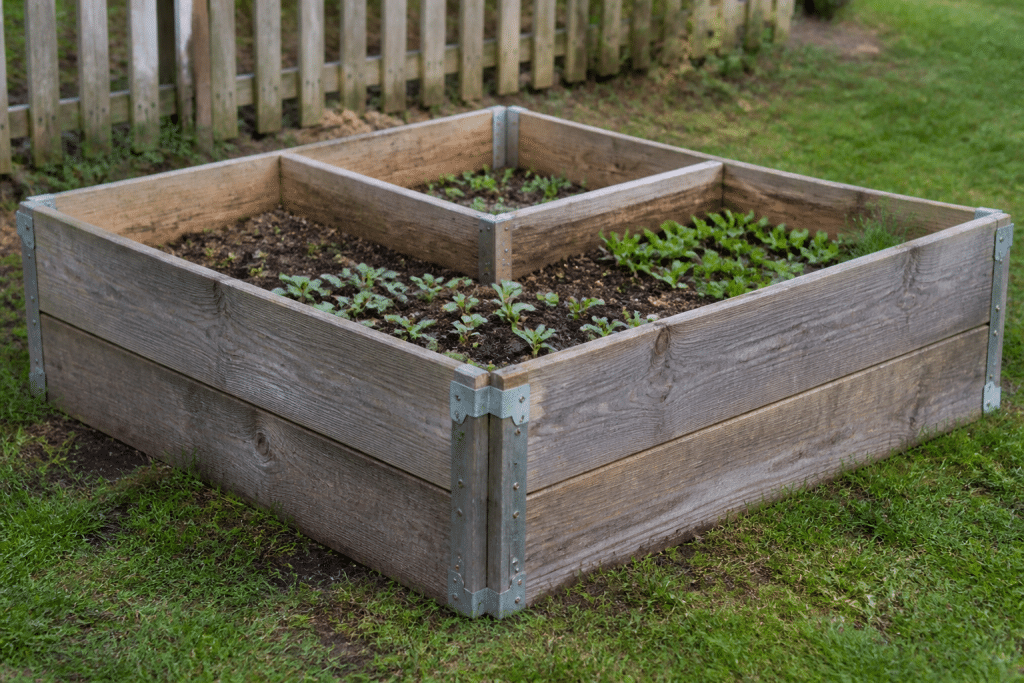 Carré potager surélevé avec renfort central et équerres métalliques