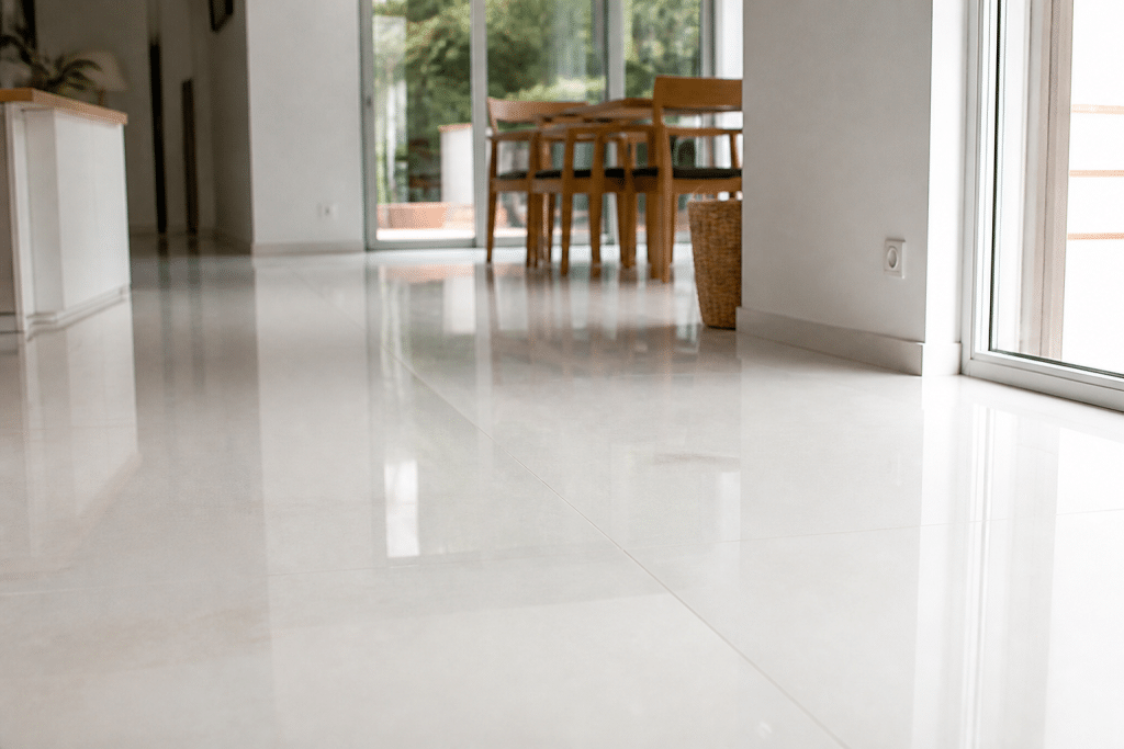 Carrelage clair grand format reflétant lumière blanche douce