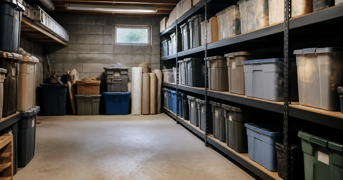 Sous-sol organise avec boites empilees sur etageres metalliques