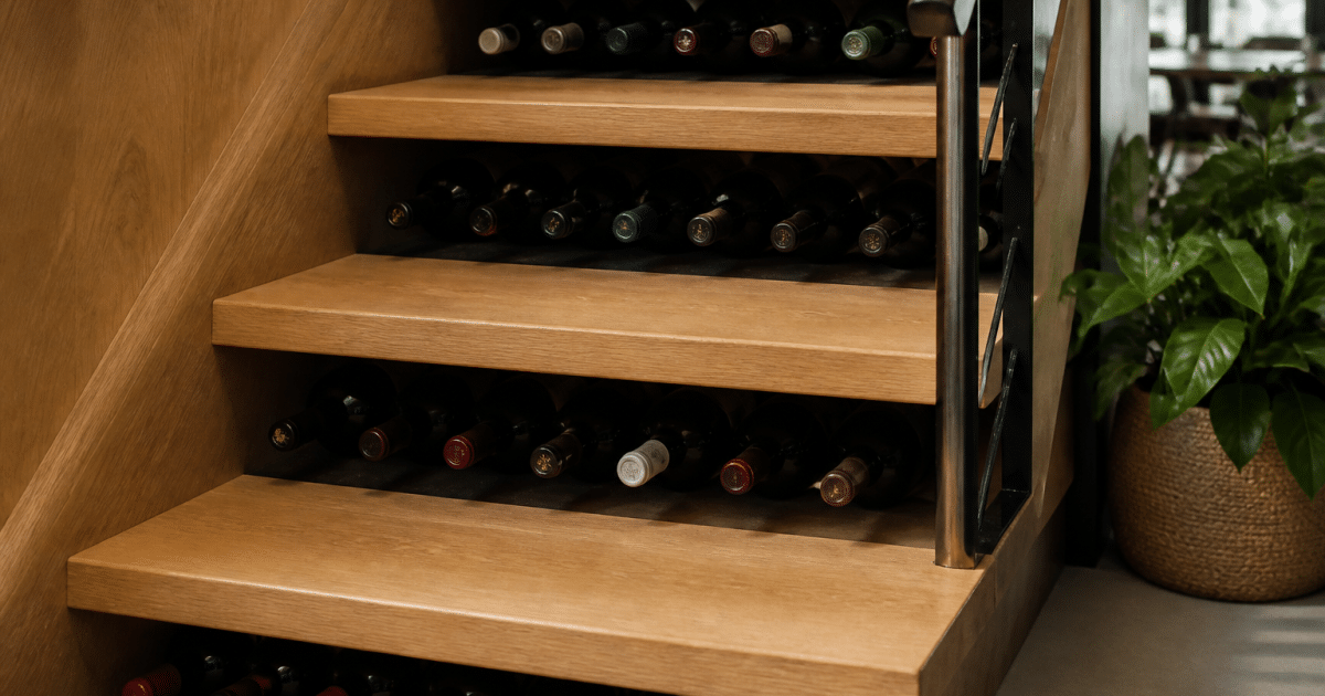 Rangement horizontal de bouteilles de vin integre sous les marches