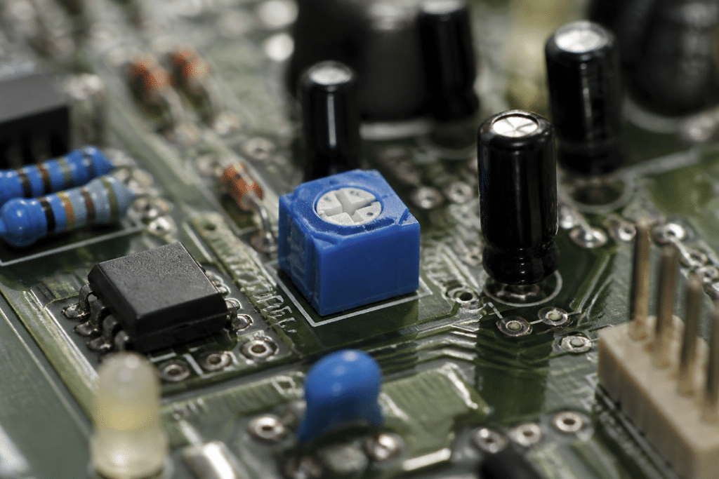 Petit composant electronique bleu avec chiffres sur circuit imprime
