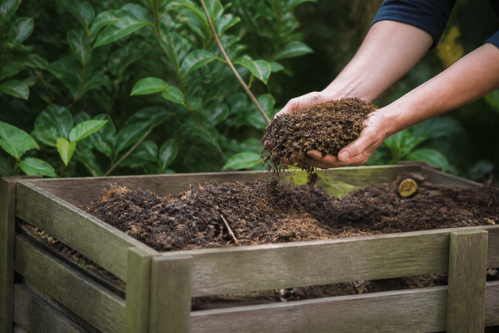 Mains versant compost brun dans cadre de jardin