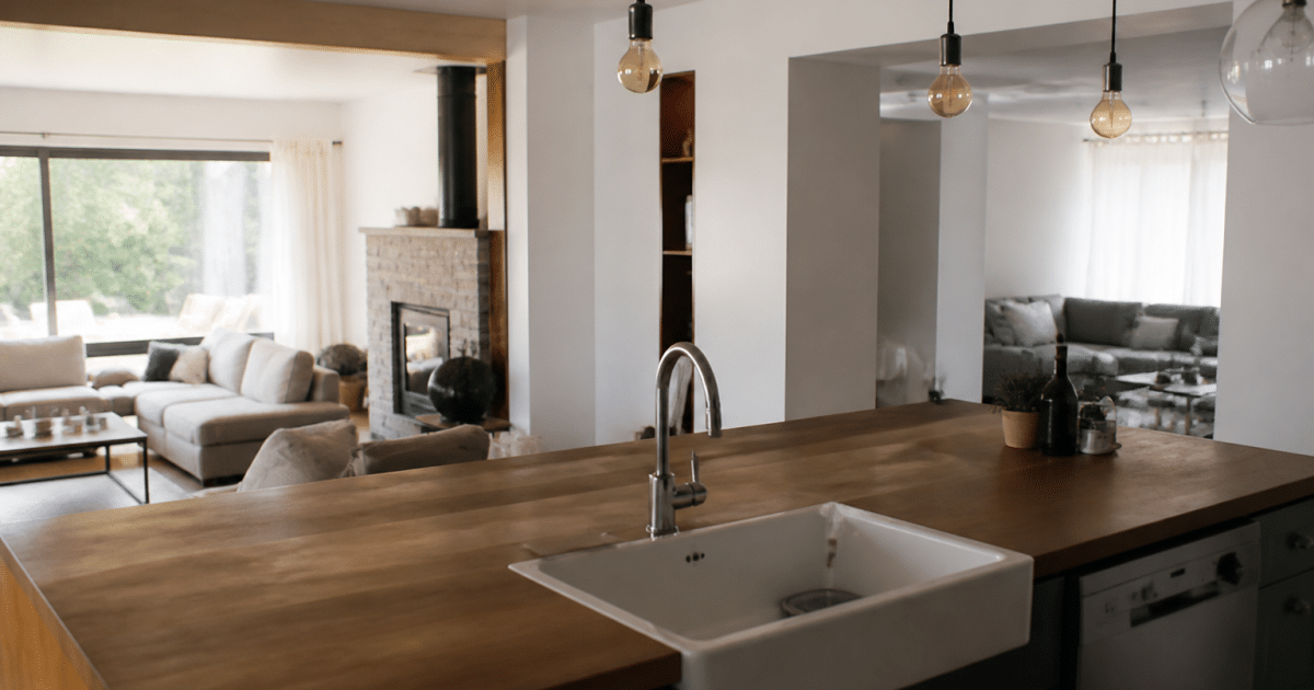 Comptoir cuisine separant deux zones salon distinctes