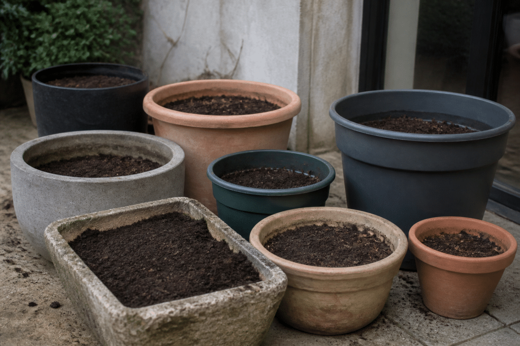 Differents types de pots et jardinières remplies de terre
