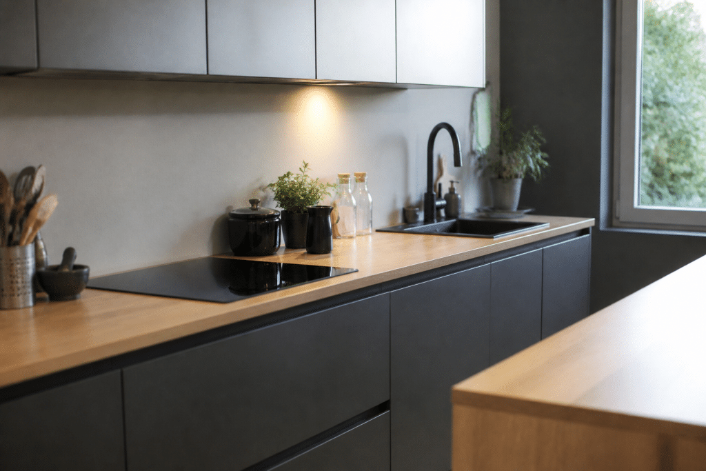 Armoires de cuisine gris anthracite avec plan de travail bois clair