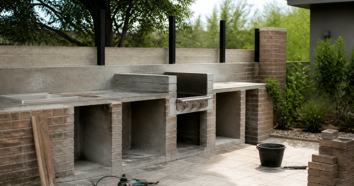 Construction d'une cuisine extérieure en beton et brique
