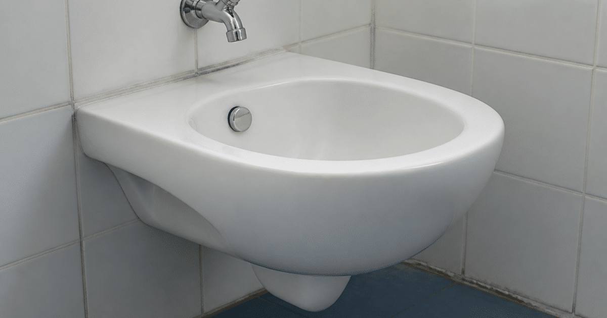 Cuvette blanche fixee au mur de salle de bain carrellee
