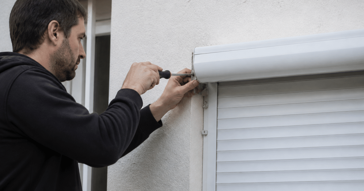 Personne demontant volet roulant horizontal fixe au mur blanc