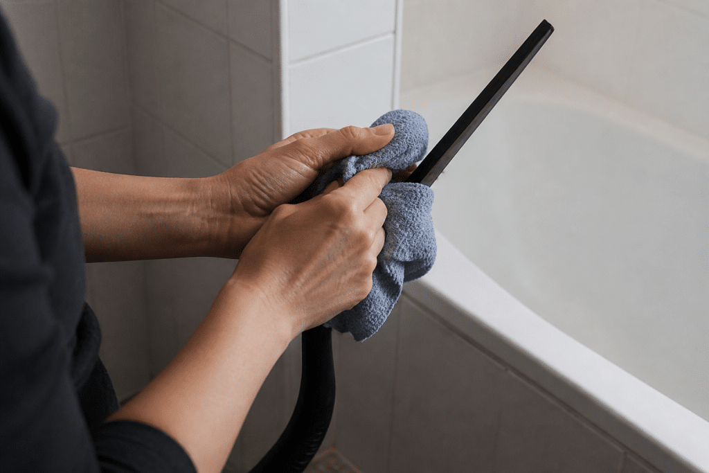 Main essuie lames mouillees pres baignoire carrelage