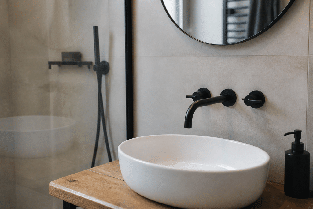 Tuyauteries murales et robinetterie salle bain moderne