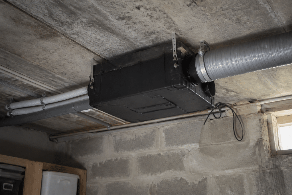 Caisson VMC fixe au plafond cave avec conduits aeration
