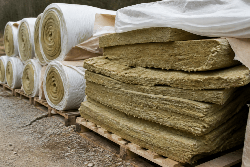 Rouleaux et panneaux isolants fibreux empilés sur bois