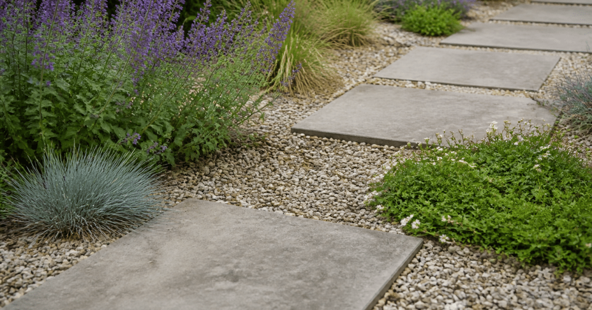 Jardin amenage avec plantes vivaces, graviers et dalles de beton