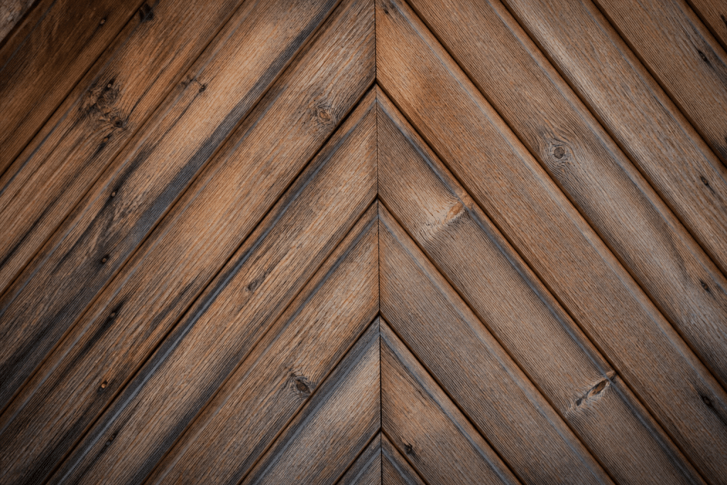 Lames de bois assemblees en motif V repete geometrique