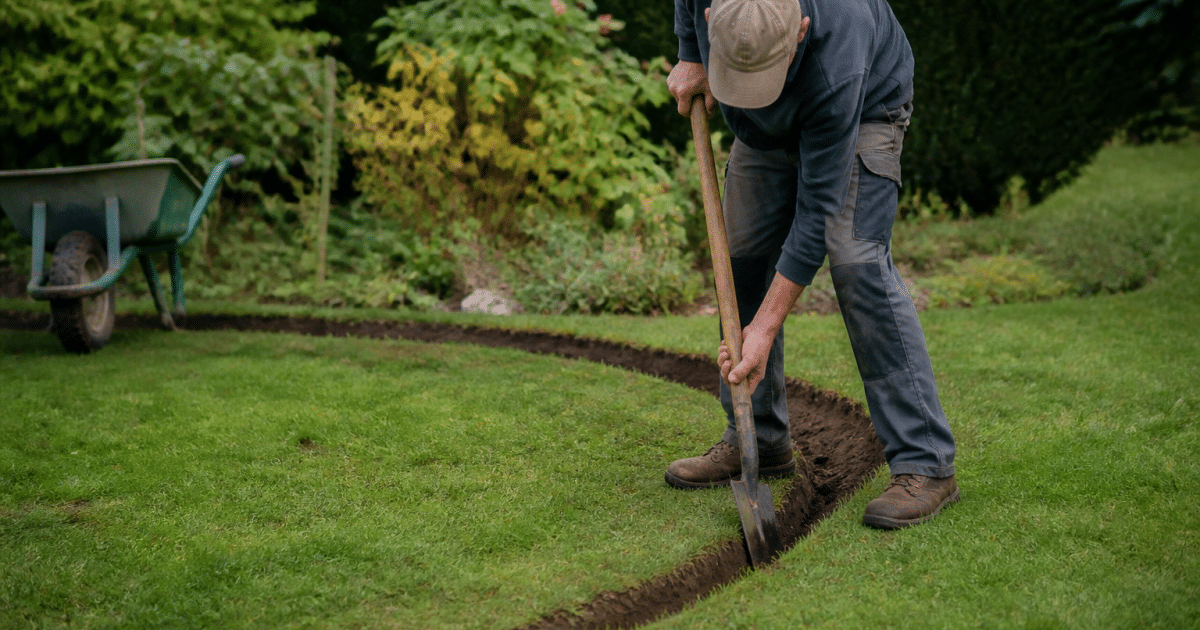 Jardinier creusant bordure circulaire dans gazon vert