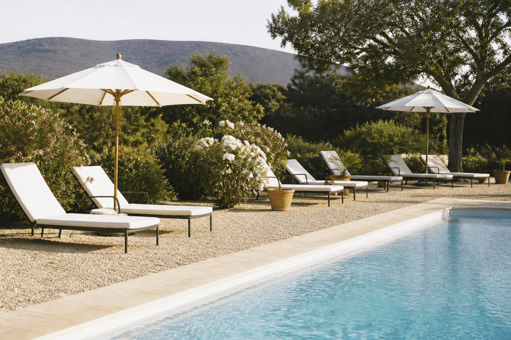 Transats et parasols autour piscine ensoleillée