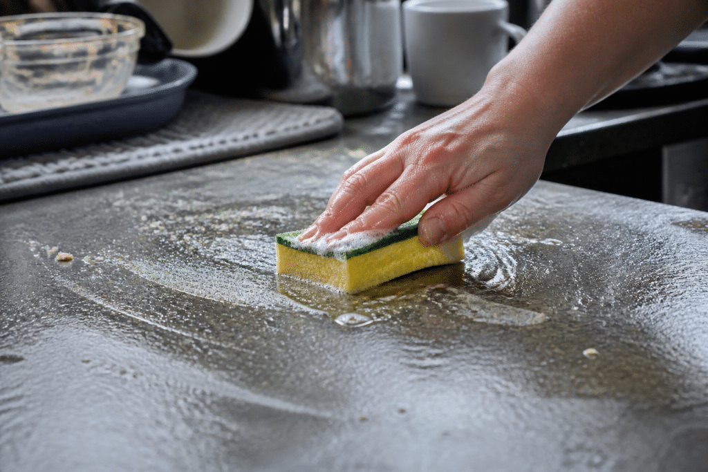 Mains avec éponge nettoyant surface cuisine grasse