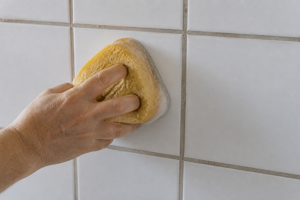 Eponge nettoyant carreaux blancs avec joints gris