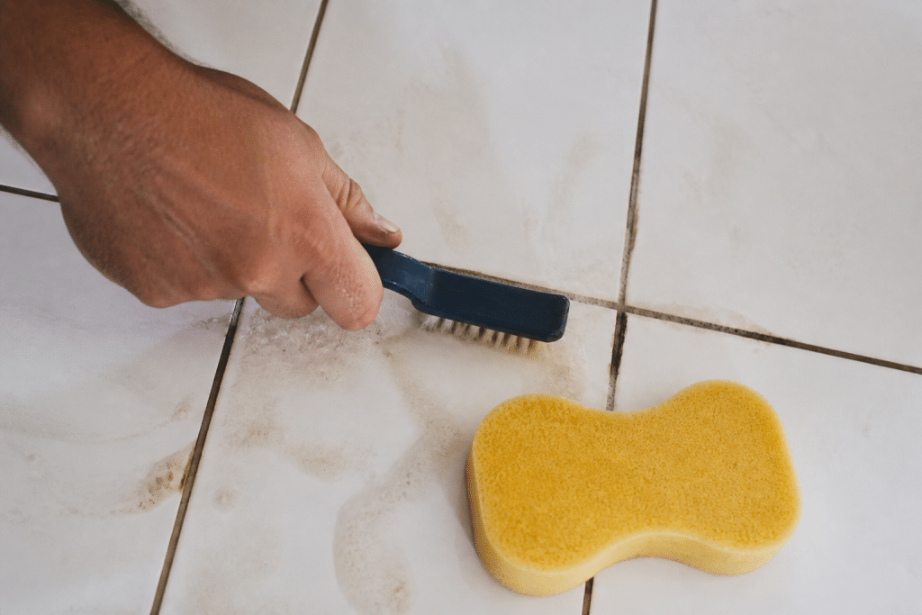 Brosse et éponge nettoyant joints carrelage blanc