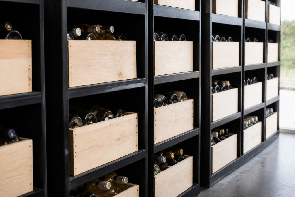 Niches metalliques noires stockant bouteilles bois brut