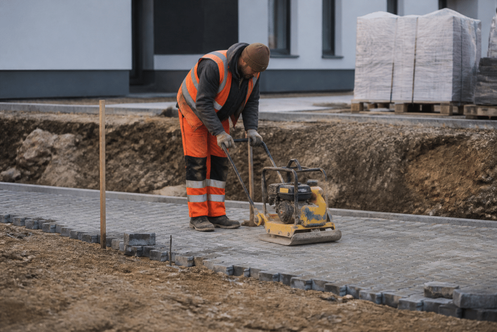 Ouvrier compactant pavés avec plaque vibrante sur chantier