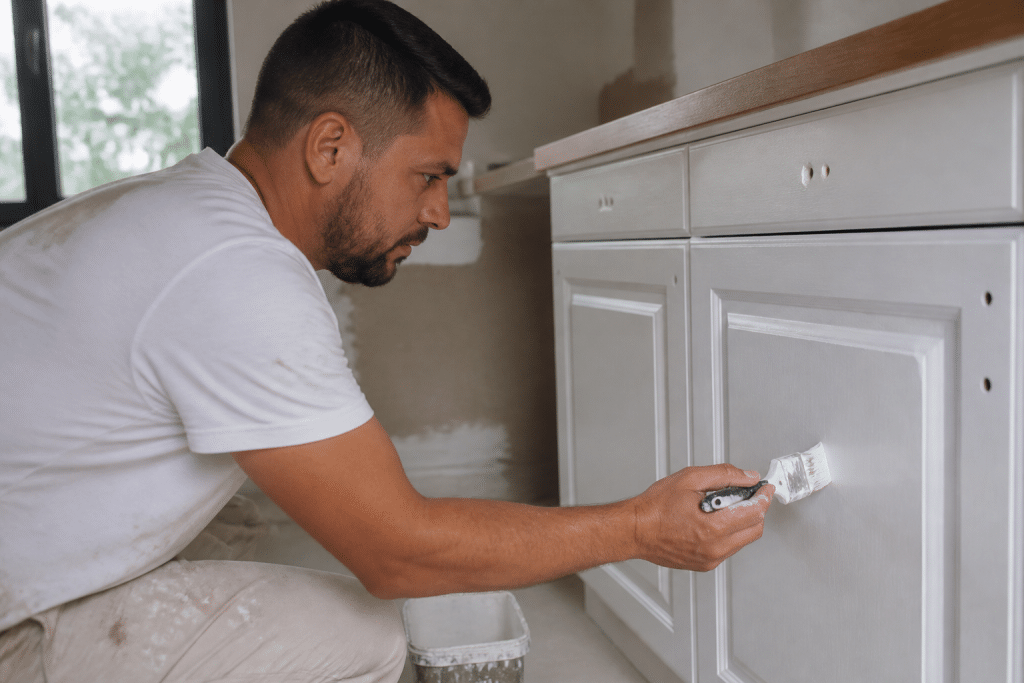 Ouvrier peignant porte cuisine avec pinceau blanc brillant