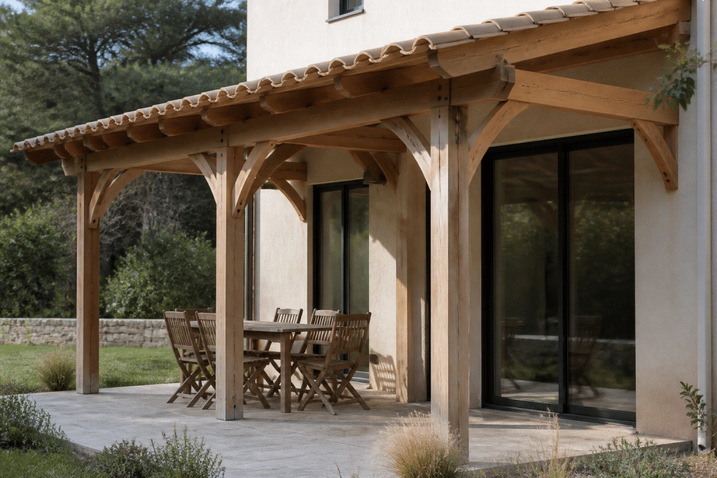 Pergola adossee maison avec toiture tuiles bois