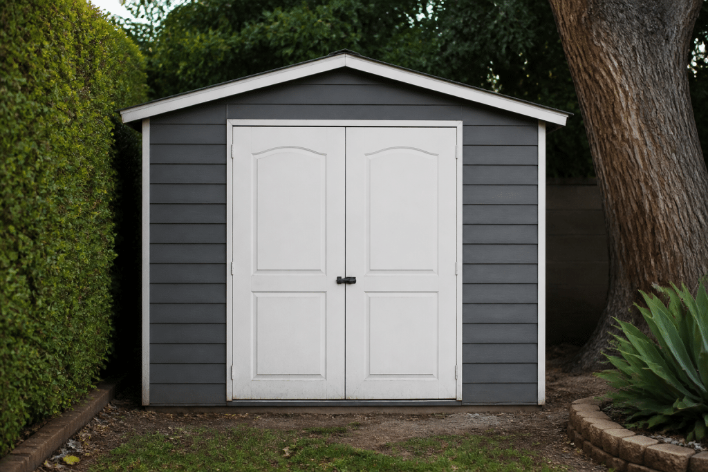 Petit abri de jardin gris avec portes blanches fermees