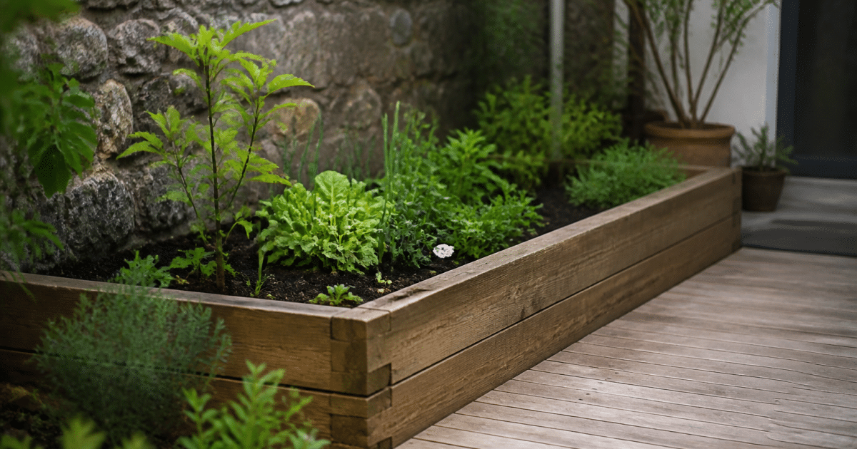 Bassin rectangular sureleve en bois avec plancher adjacent