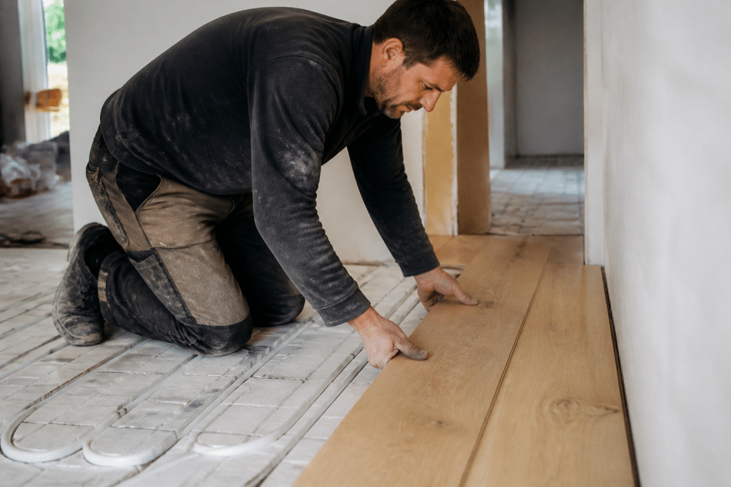 Ouvrier pose planches bois massif sur sol chauffant