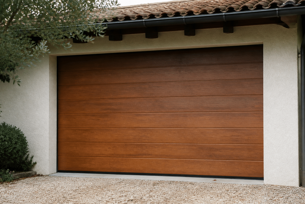 Porte garage bois massif marron avec panneaux sectionnels