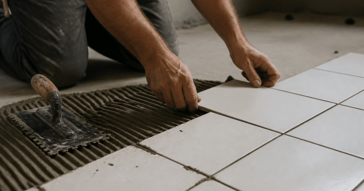 Mains posant carreaux blancs sur surface avec colle et spatule