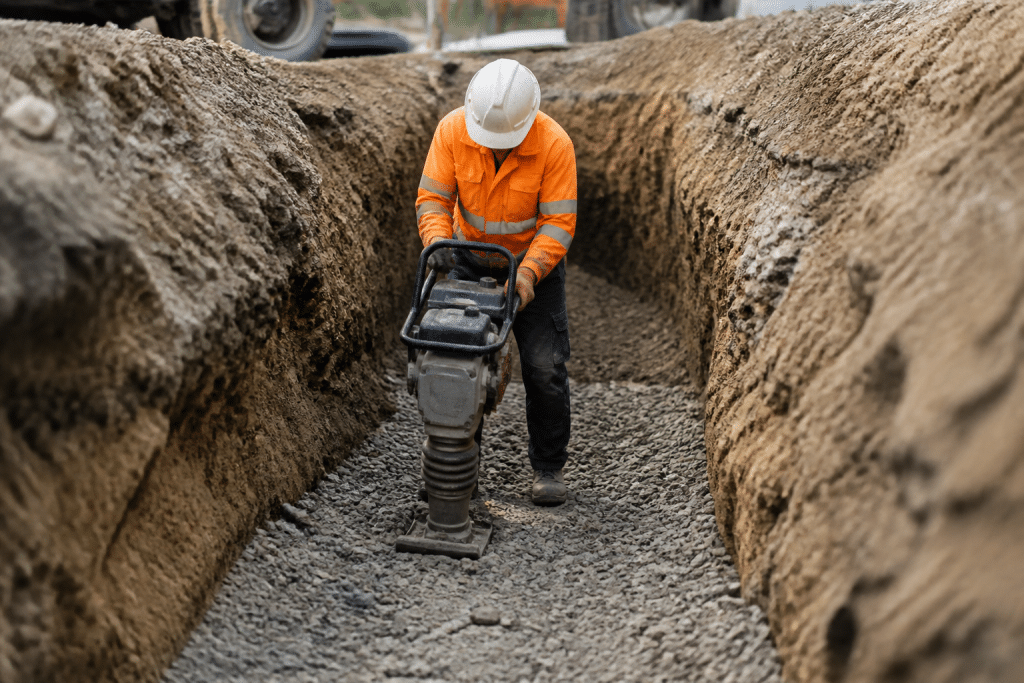Ouvrier compactant grave dans tranchée excavée profonde