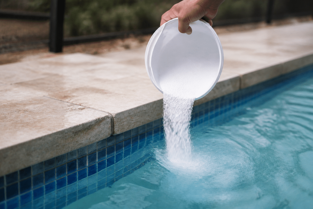 Poudre blanche versée dans eau piscine claire