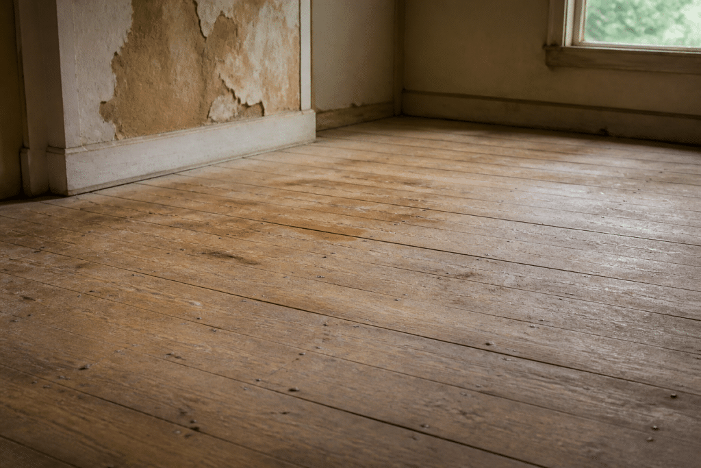 Sols en bois vides avec clous apparents et poussière