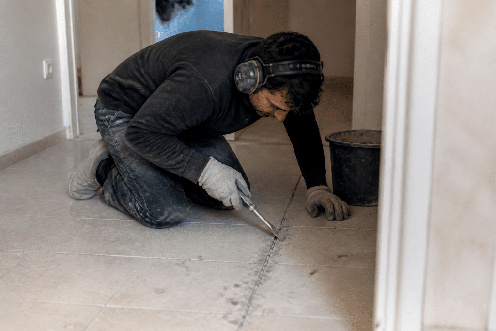 Ouvrier gratte carrelage fissure avec outil métallique