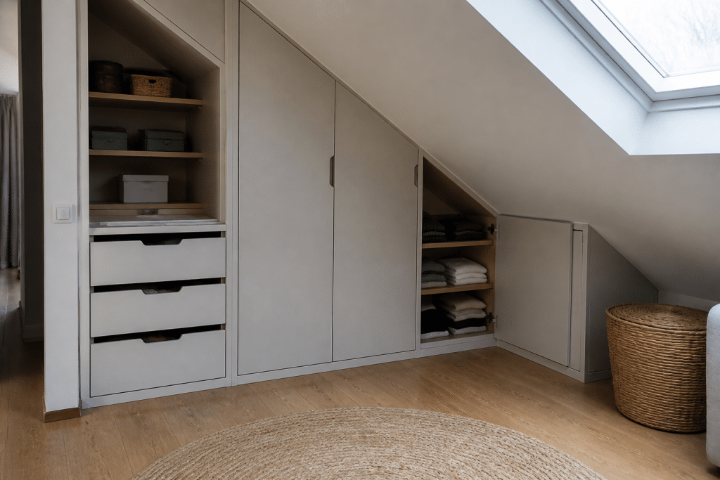Rangements integres sous pentes avec tiroirs et placards sur mesure
