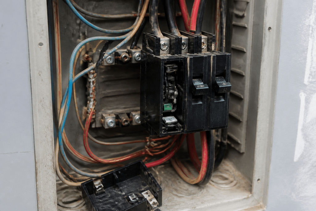 Disjoncteur électrique avec fils et composant déchargé visibles