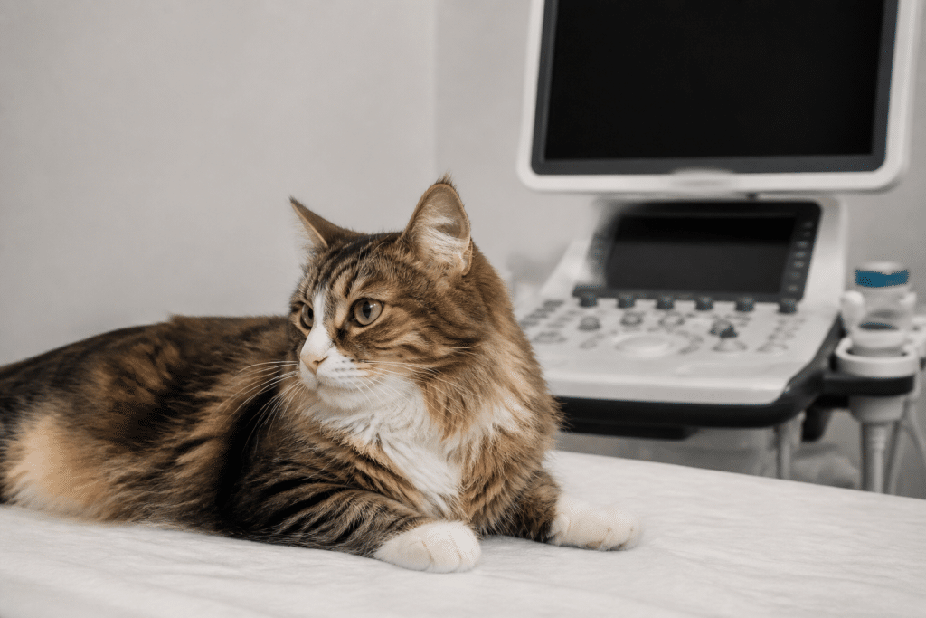 Chat domestique près d'un appareil ultrason blanc