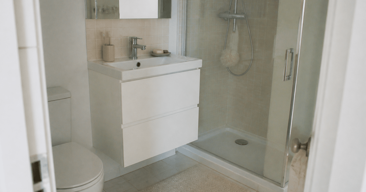 Petite salle de bain compacte avec toilettes, lavabo et douche integres
